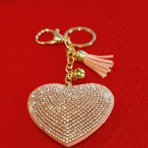 Pink Heart one side rhinestones Keychain with Gold Accents
